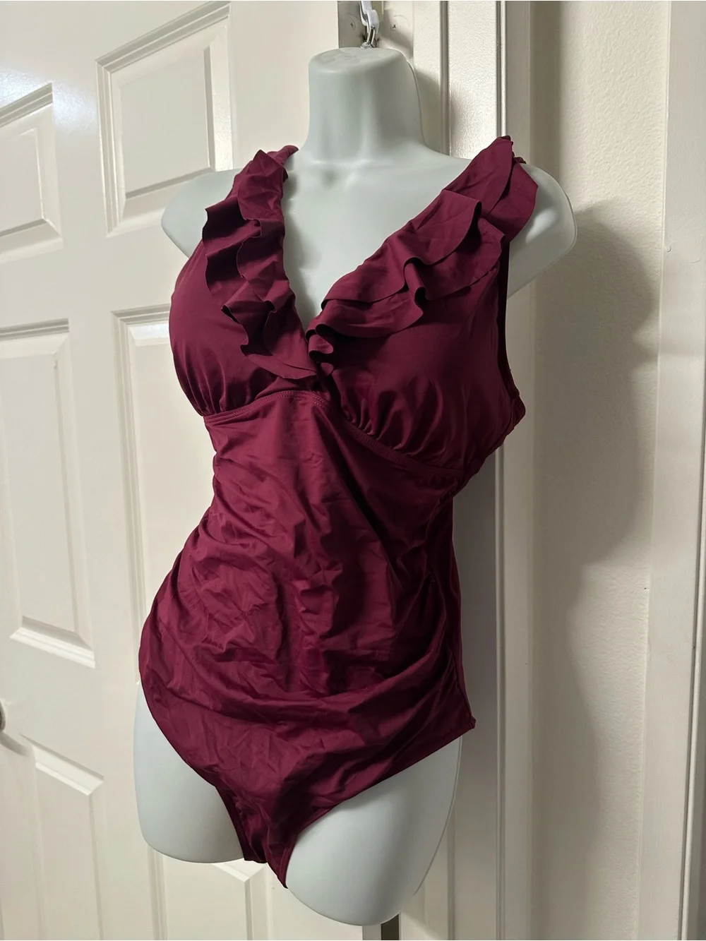 Ruffled V-Neck One-Piece Swimsuit in Deep Burgundy